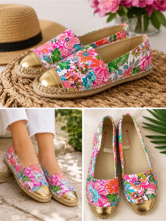 Lilly Pulitzer Shoes - Lilly Pulitzer Pink Floral Espadrille Flats with Green & Orange Accents